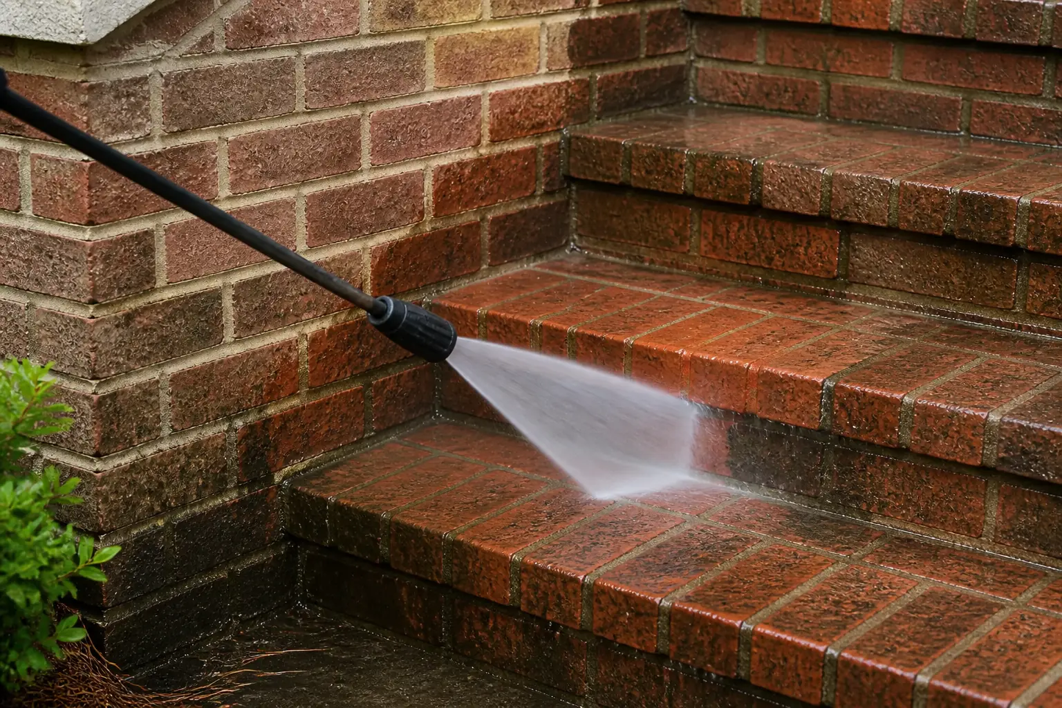Controlled pressure-washing spray cleaning exterior brick steps