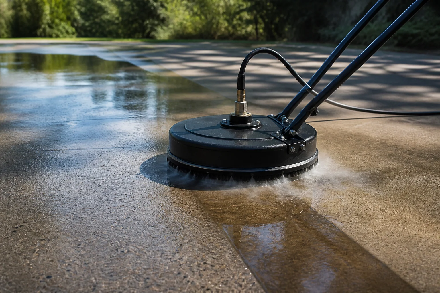 Surface cleaner in use on a concrete driveway