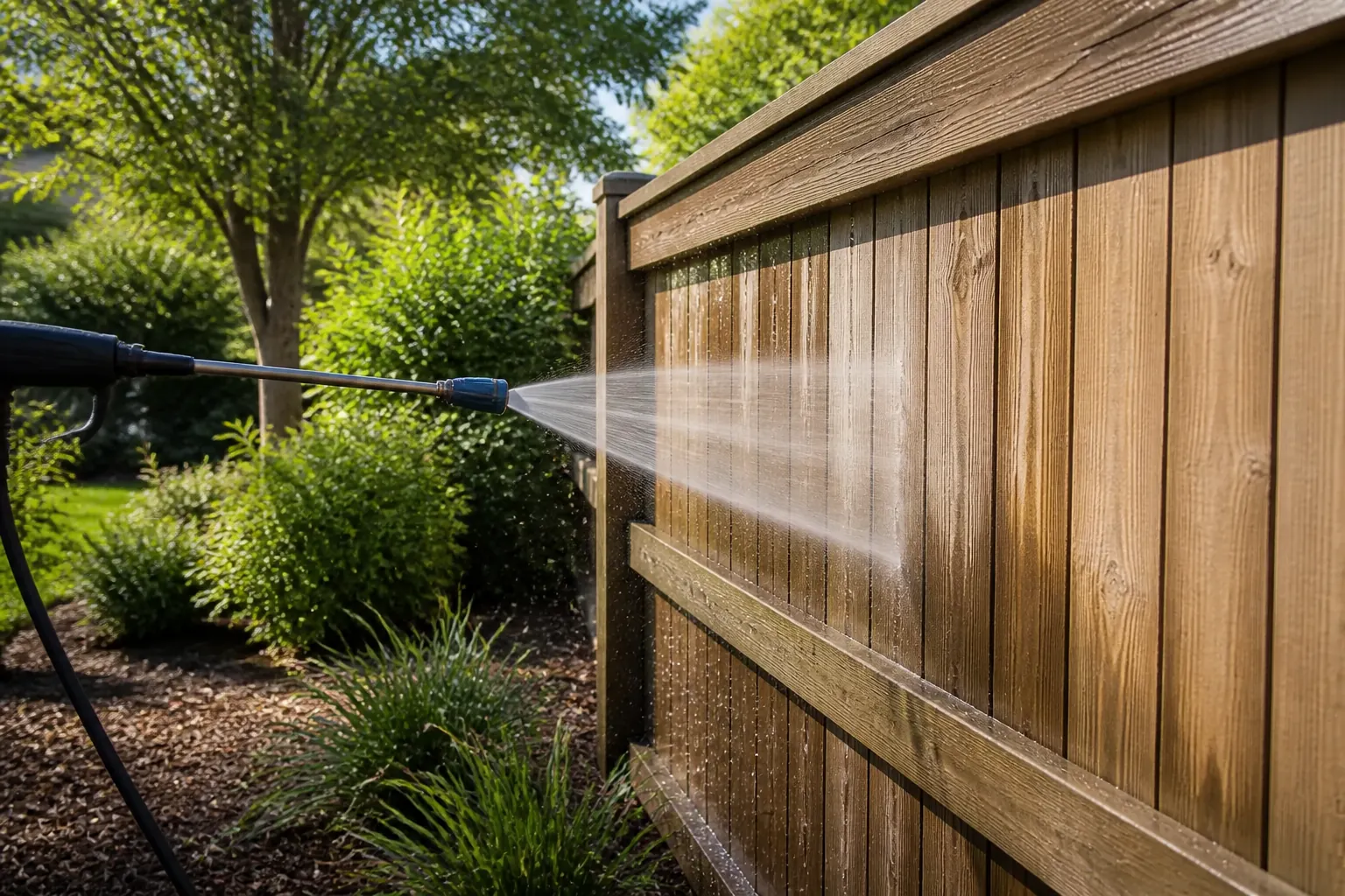 Controlled pressure-washing spray cleaning a wood privacy fence