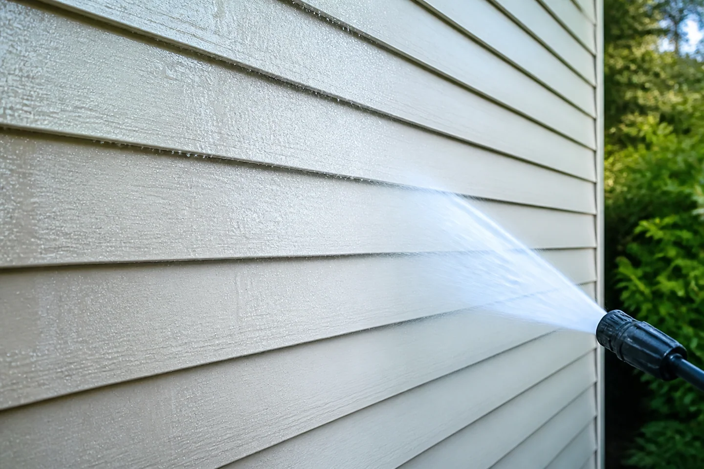 Pressure-washing spray cleaning exterior siding