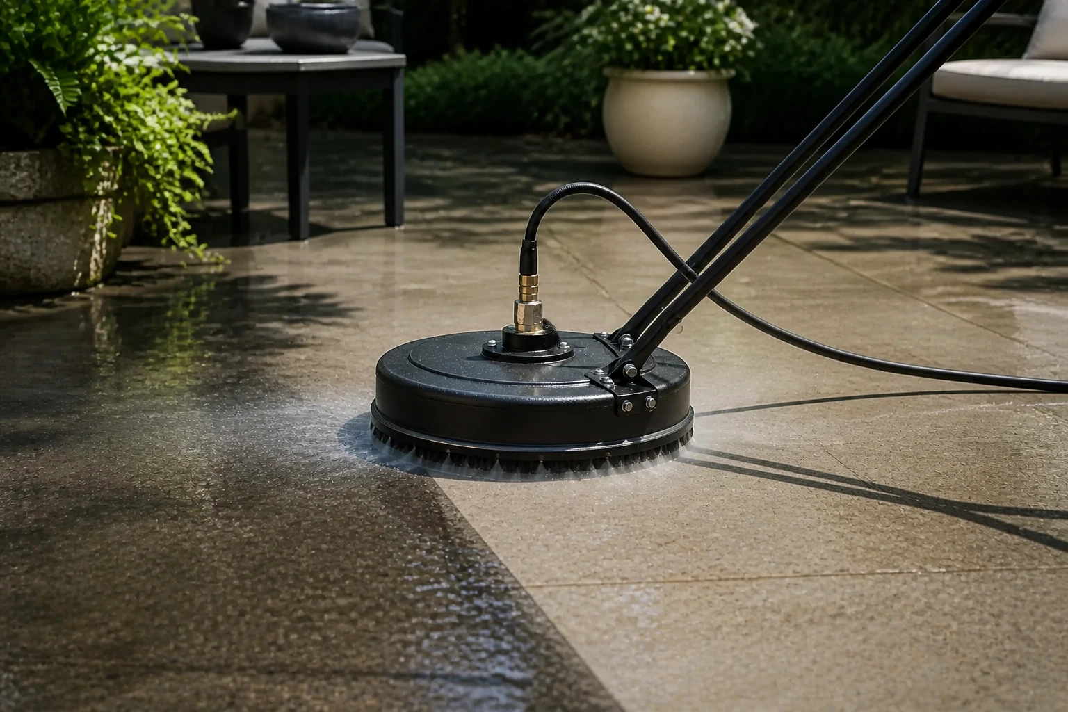 Surface cleaner working across a residential patio