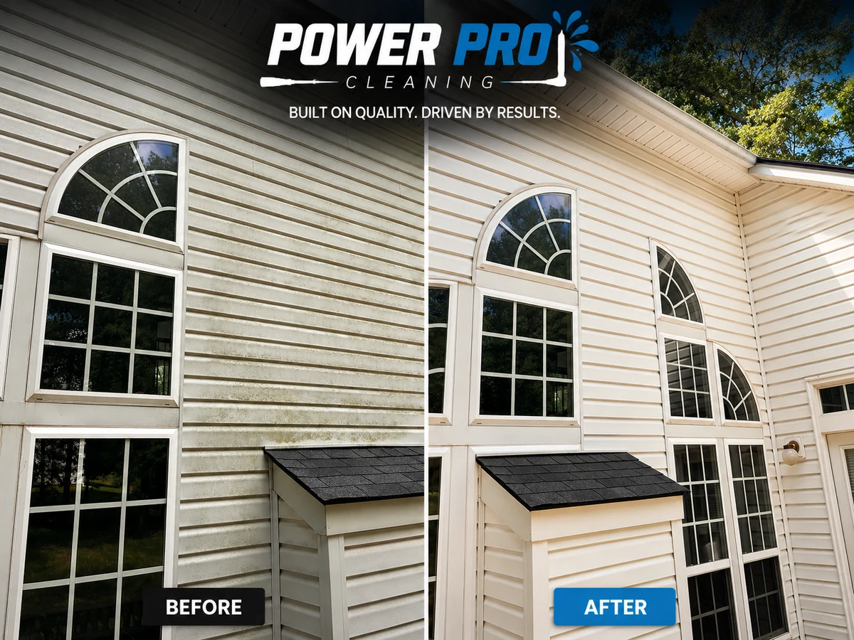 Client-supplied before-and-after view of a wide house siding cleaning project