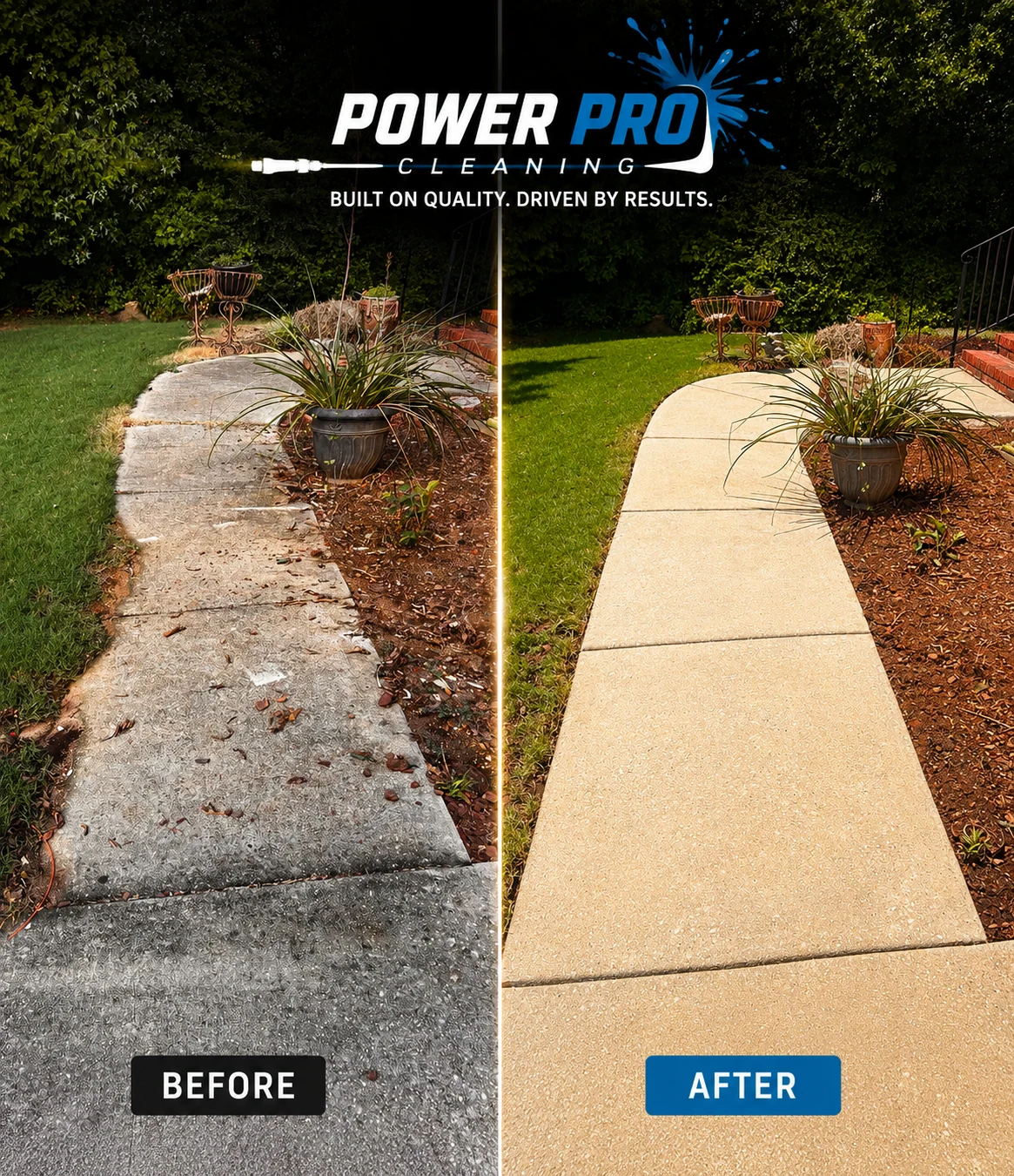 Client-supplied before-and-after view of a curved walkway cleaning project